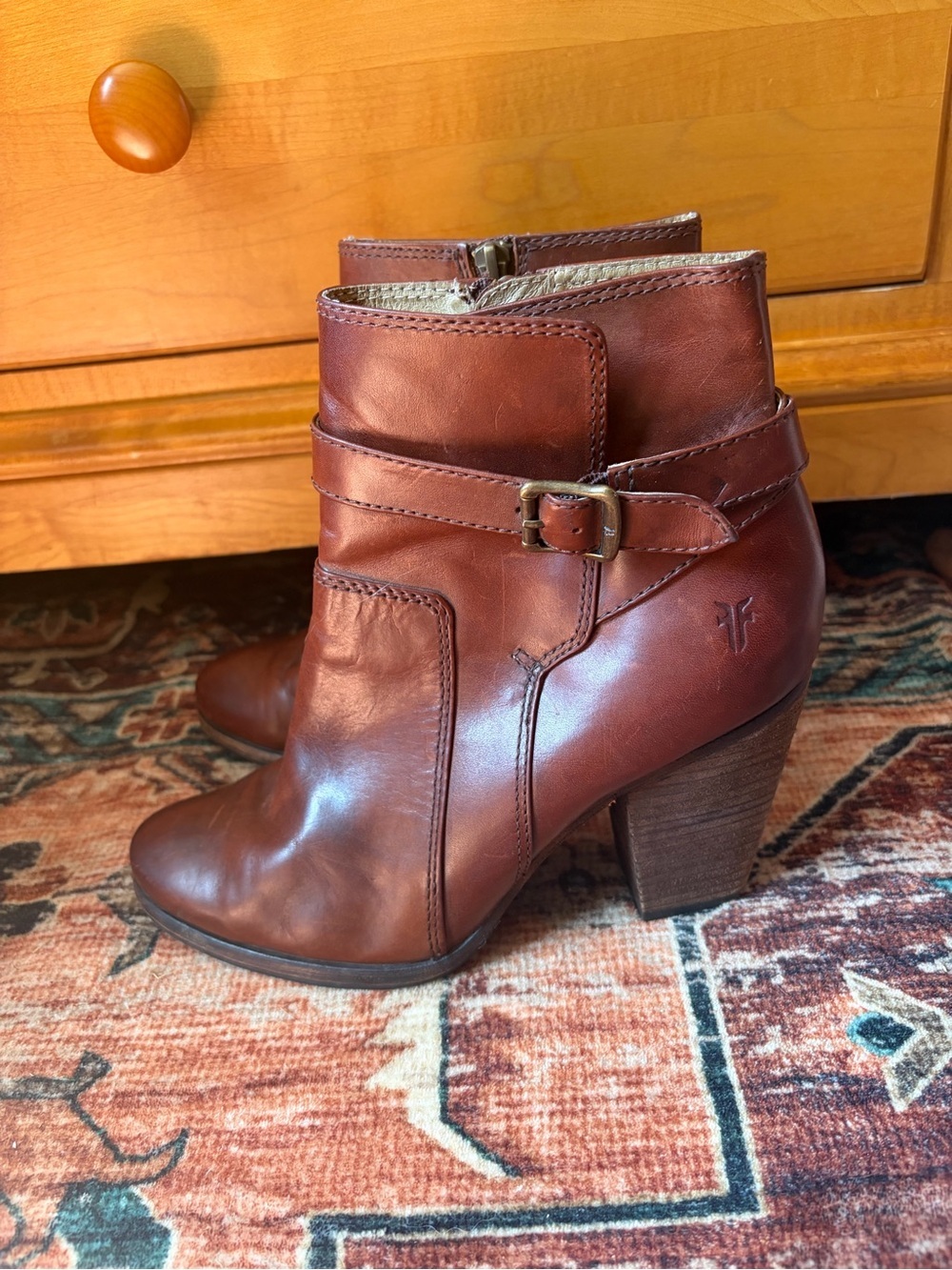 Frye Patty Riding Bootie Women 8.5 Cognac Brown Leather Ankle Boot Western Boho